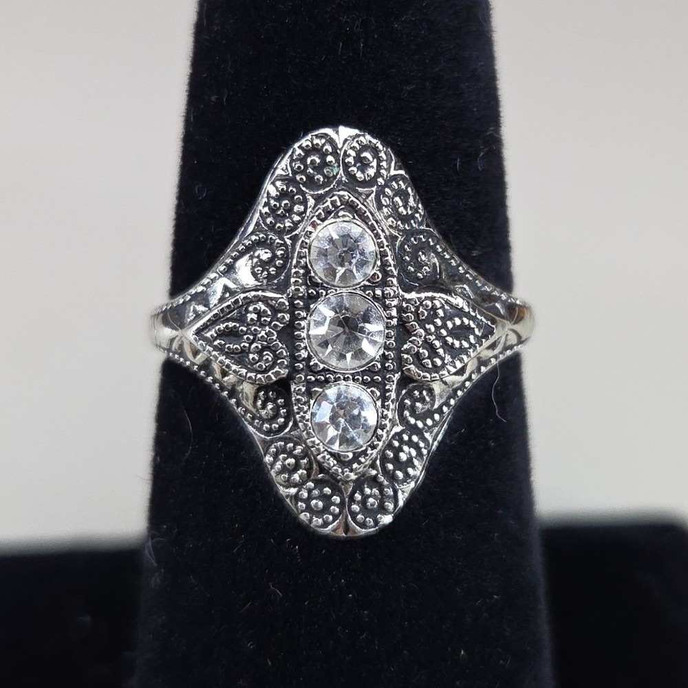 Vintage Art Deco Style Silver Tone Filigree Crystal Shield Ring Size 7.25